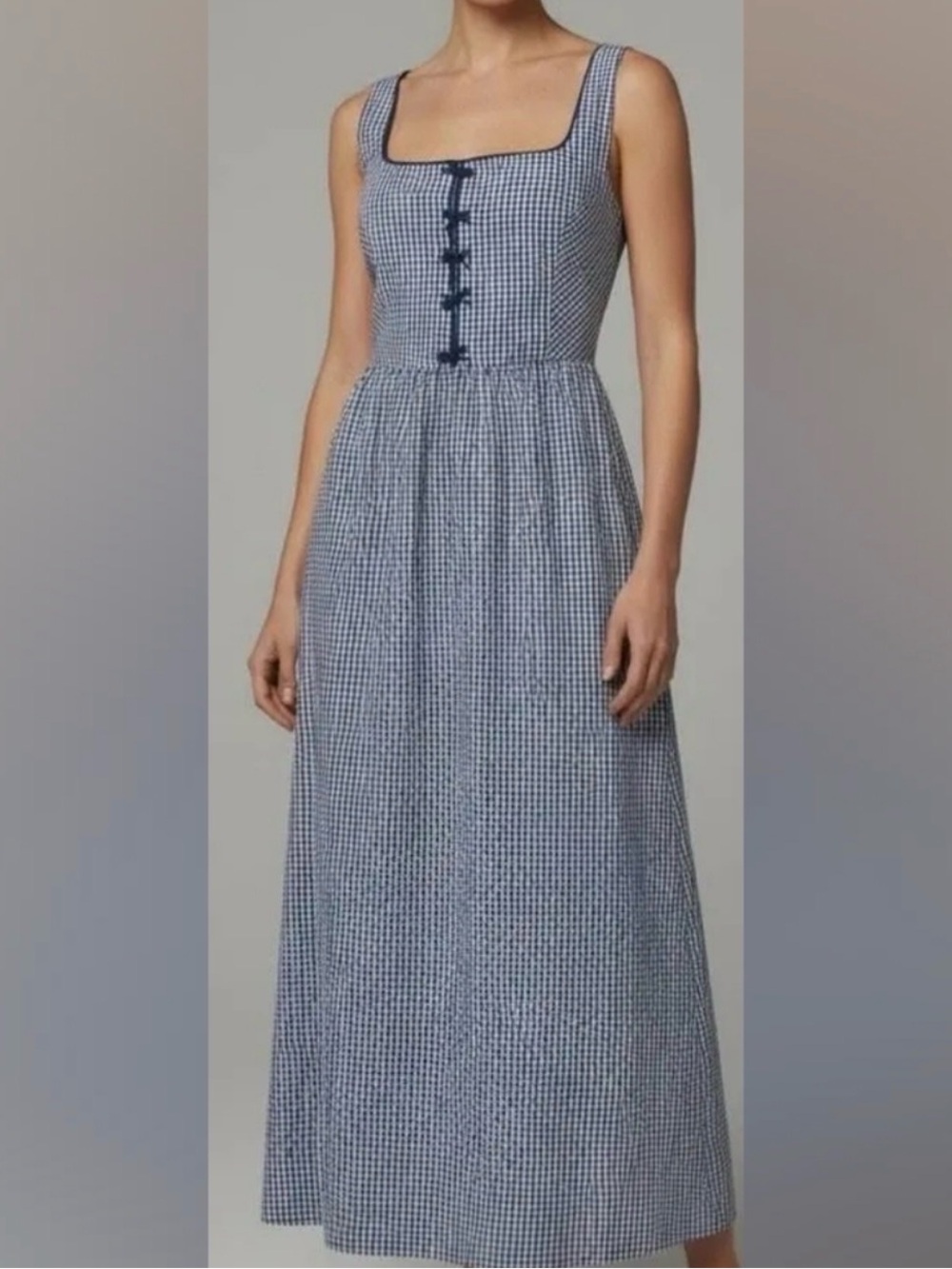 CAROLINE CONSTAS • Navy & White Gingham bows Square-Neck tank Midi Dress  medium